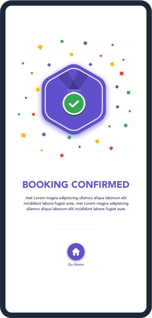 Booking Confirmed celebration screen with confetti