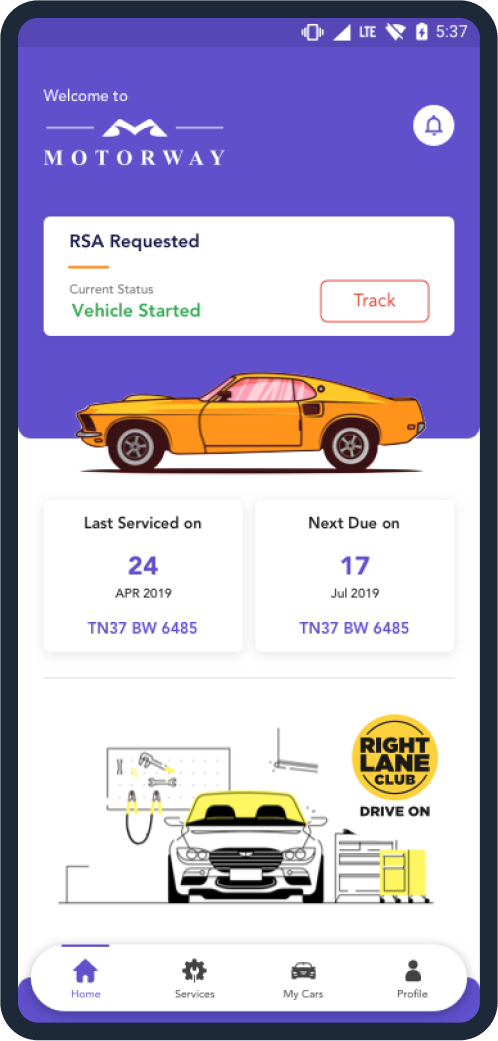 Home screen RSA Requested card with Vehicle Started status and Track button