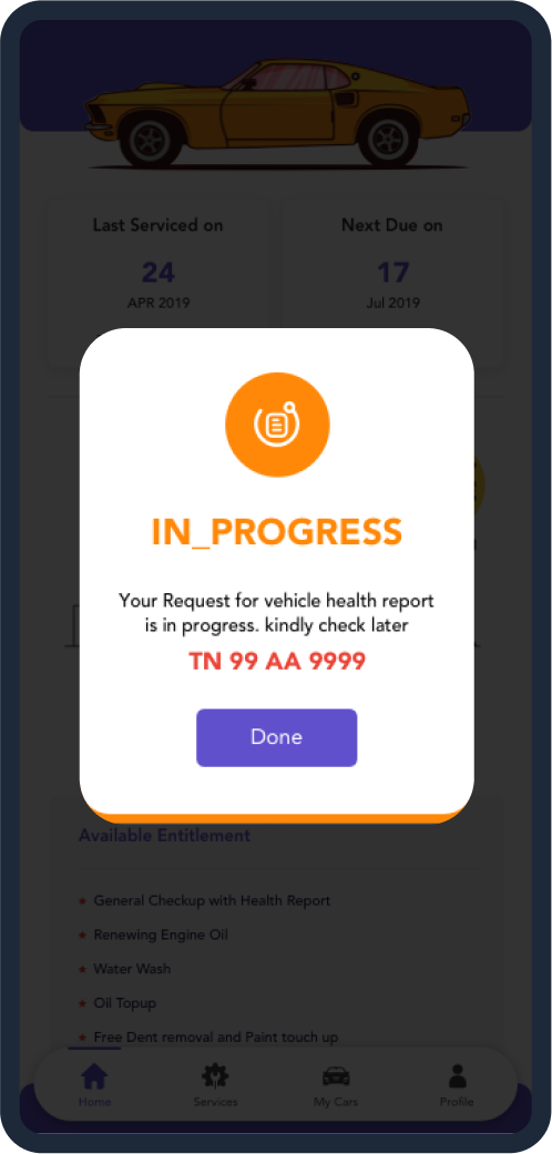 IN_PROGRESS modal vehicle health request status with registration number