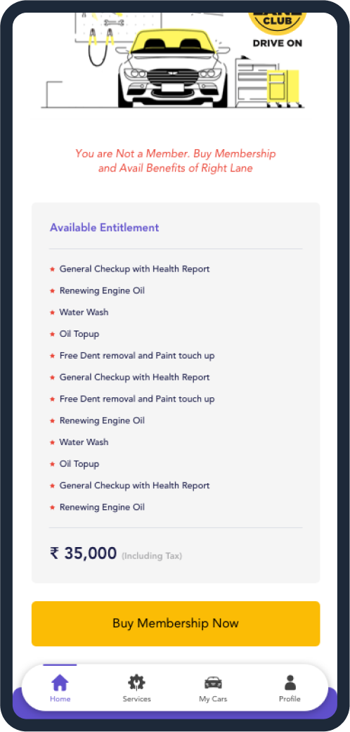 Membership entitlements Right Lane Club benefits list with Buy Membership CTA