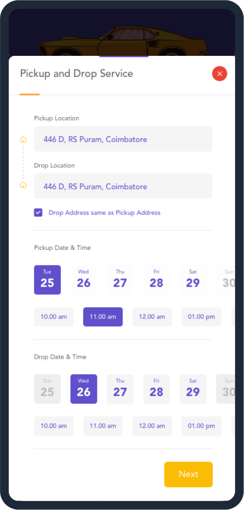 Pickup and Drop Service location fields, date and time horizontal scroll selectors