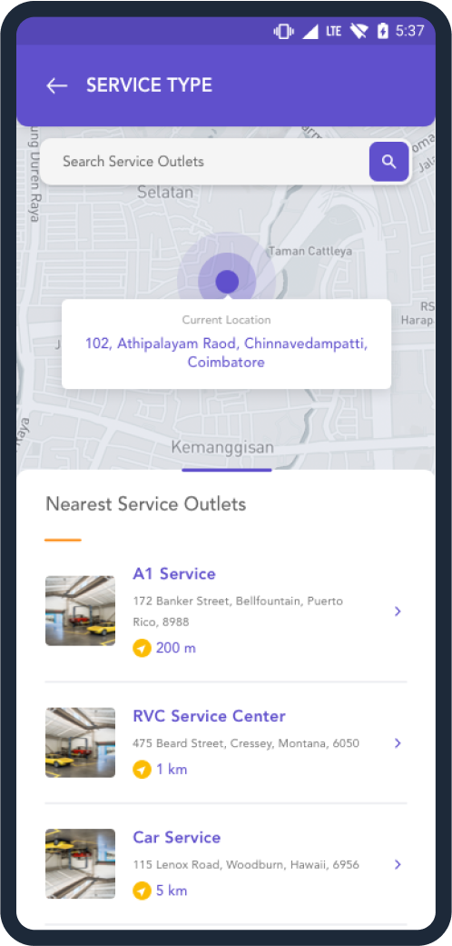 Service Type map with current location pin and nearest service outlets listed below