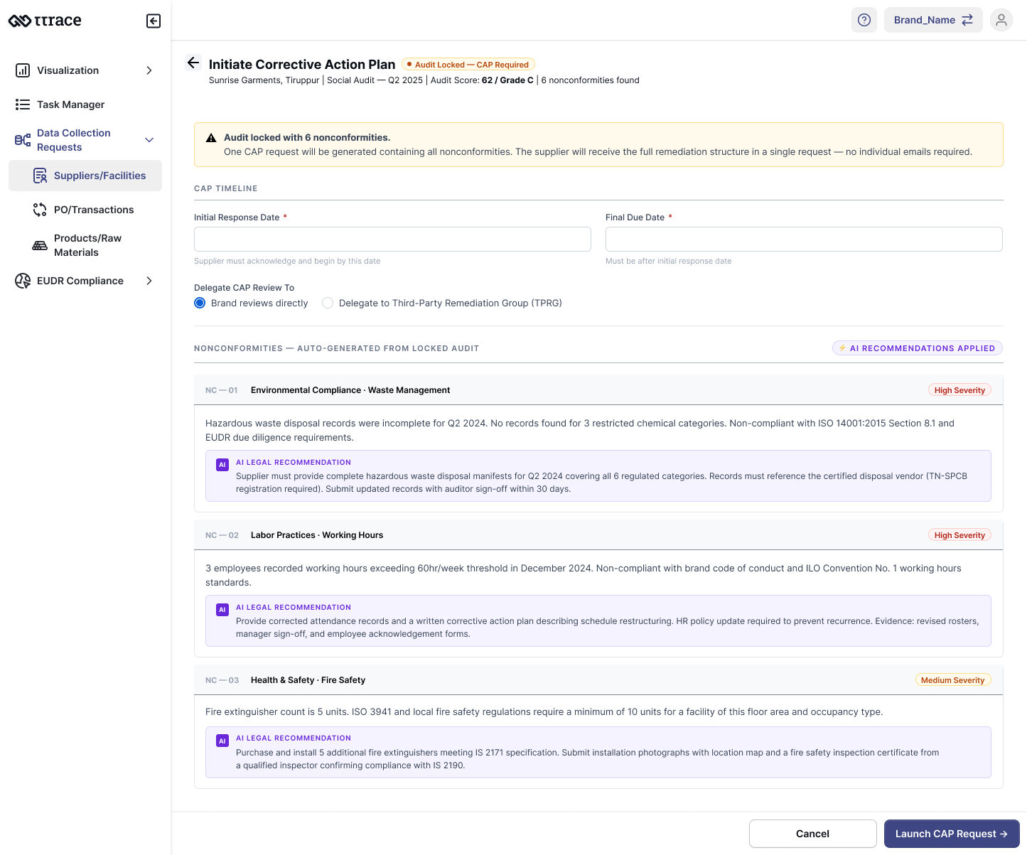 One request carries every nonconformity, legal recommendation, and deadline. No email required.