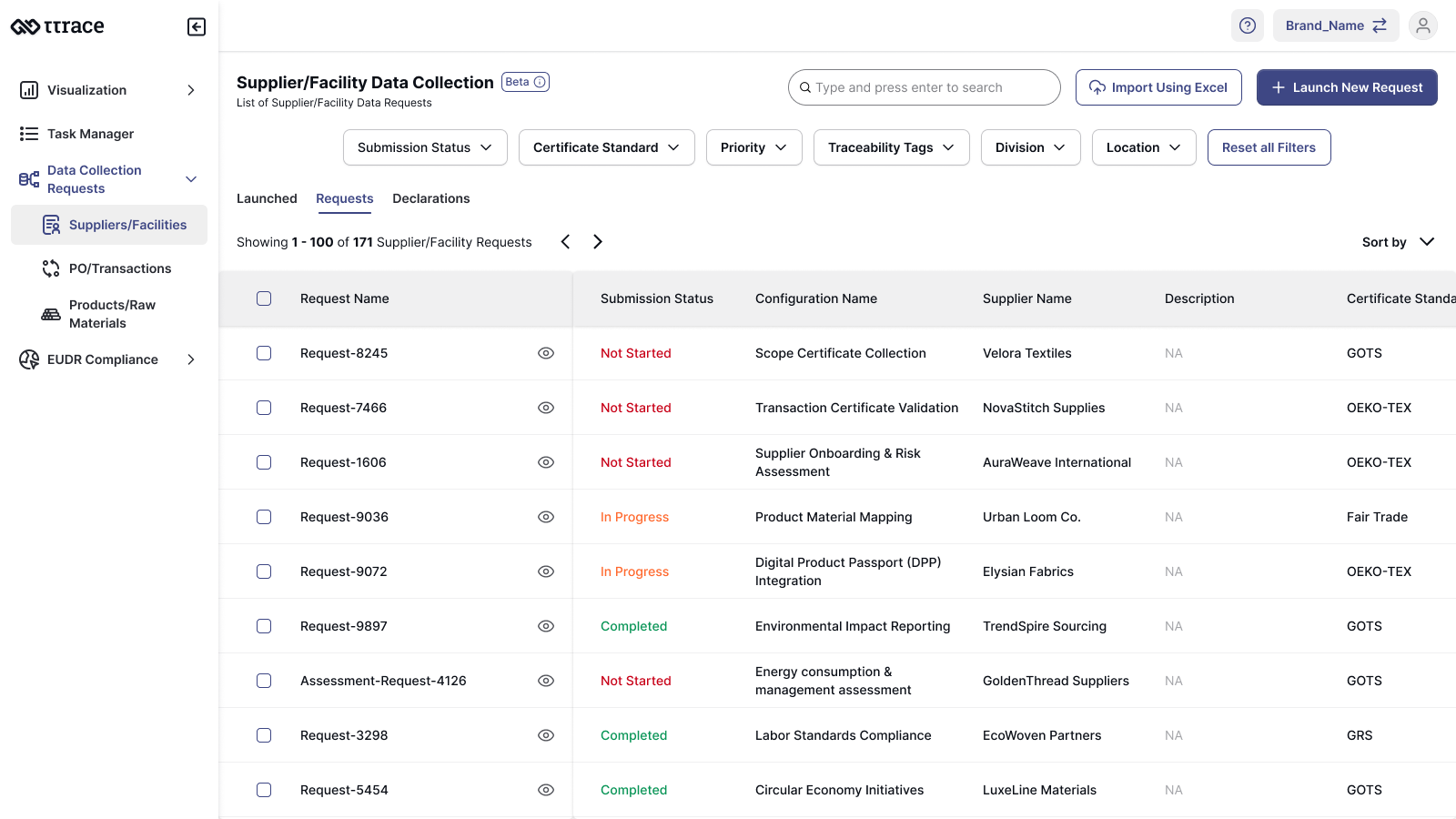 Single request framework with regulation-level configuration — one system, multiple regulatory contexts, no duplicated supplier experience.