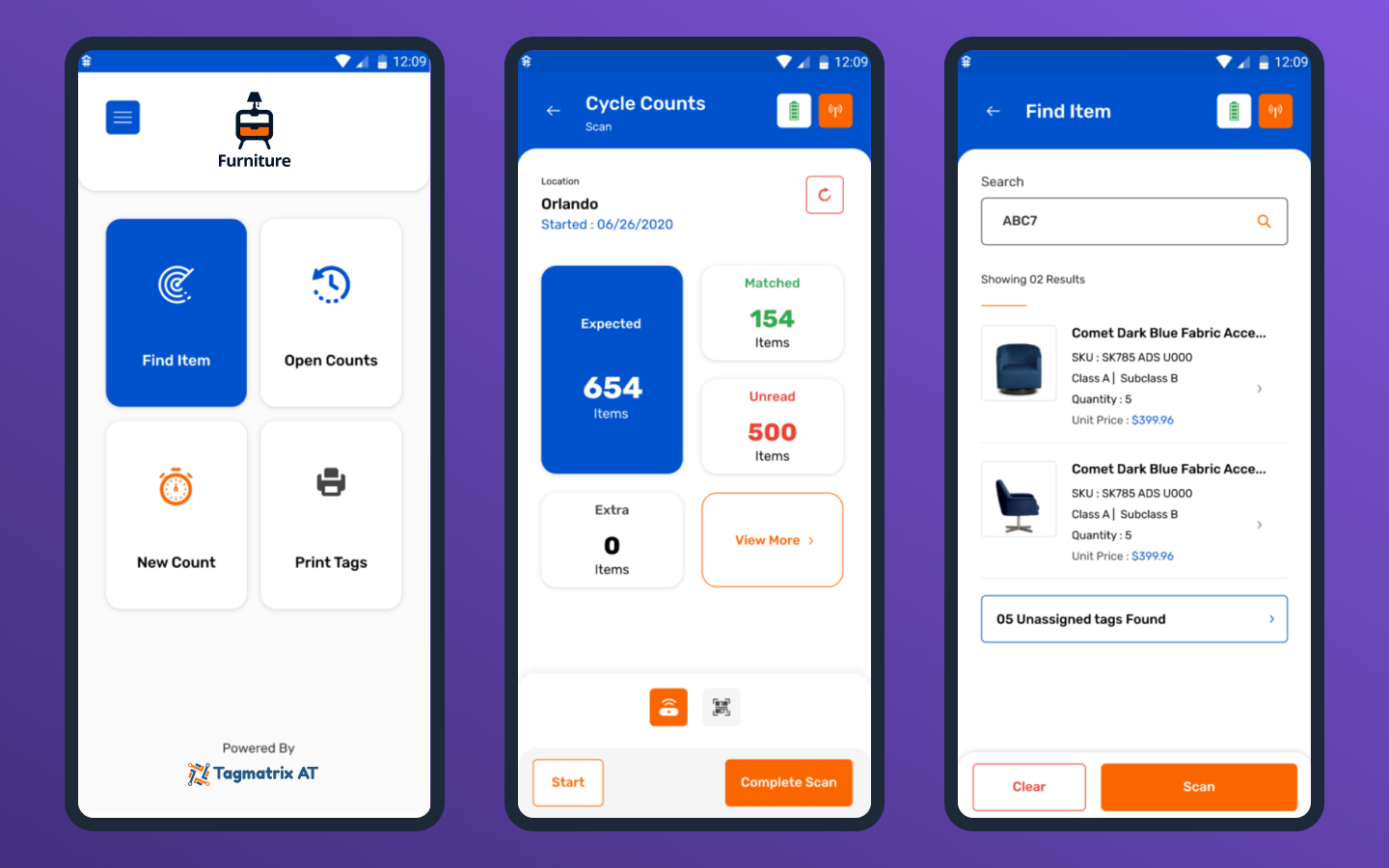 Custom furniture retailer Android app home screen, cycle counts scan result, find item search results