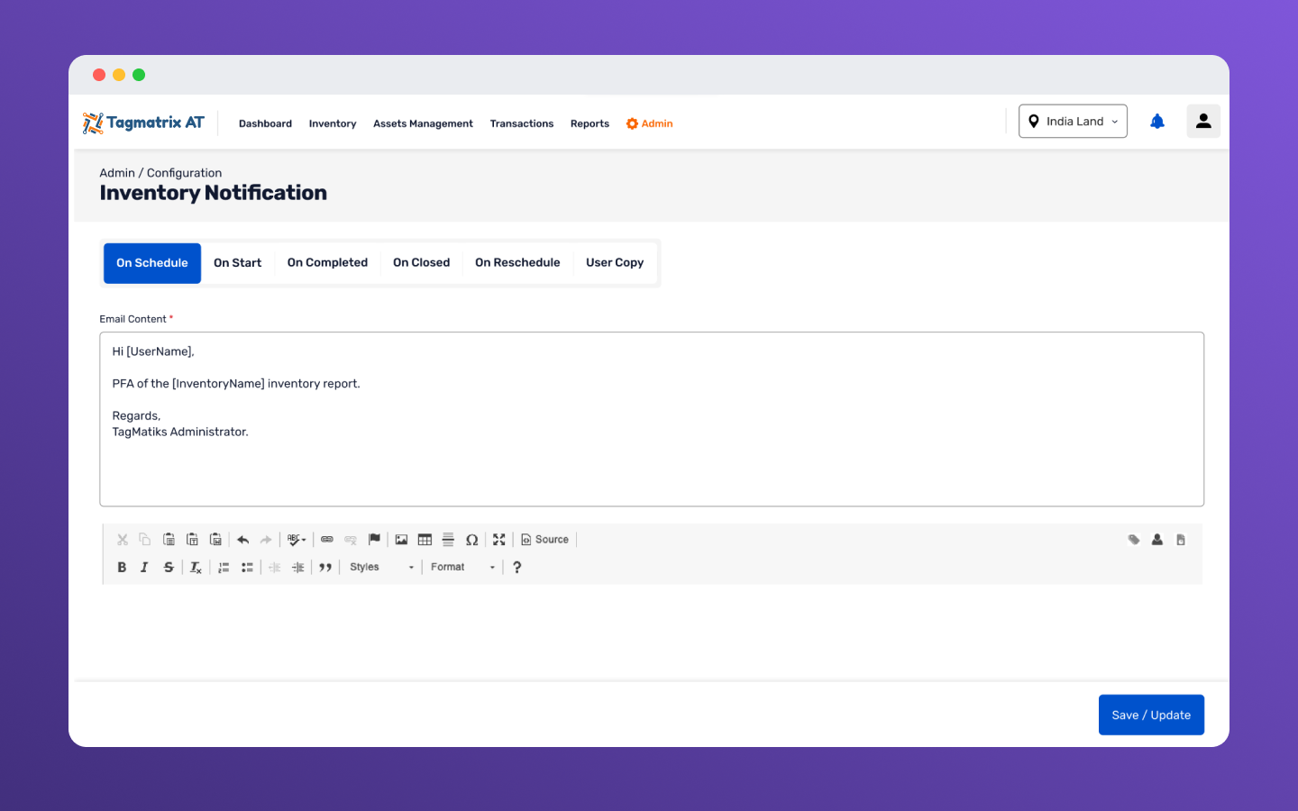 Inventory Notification configuration email template editor with event-based tabs