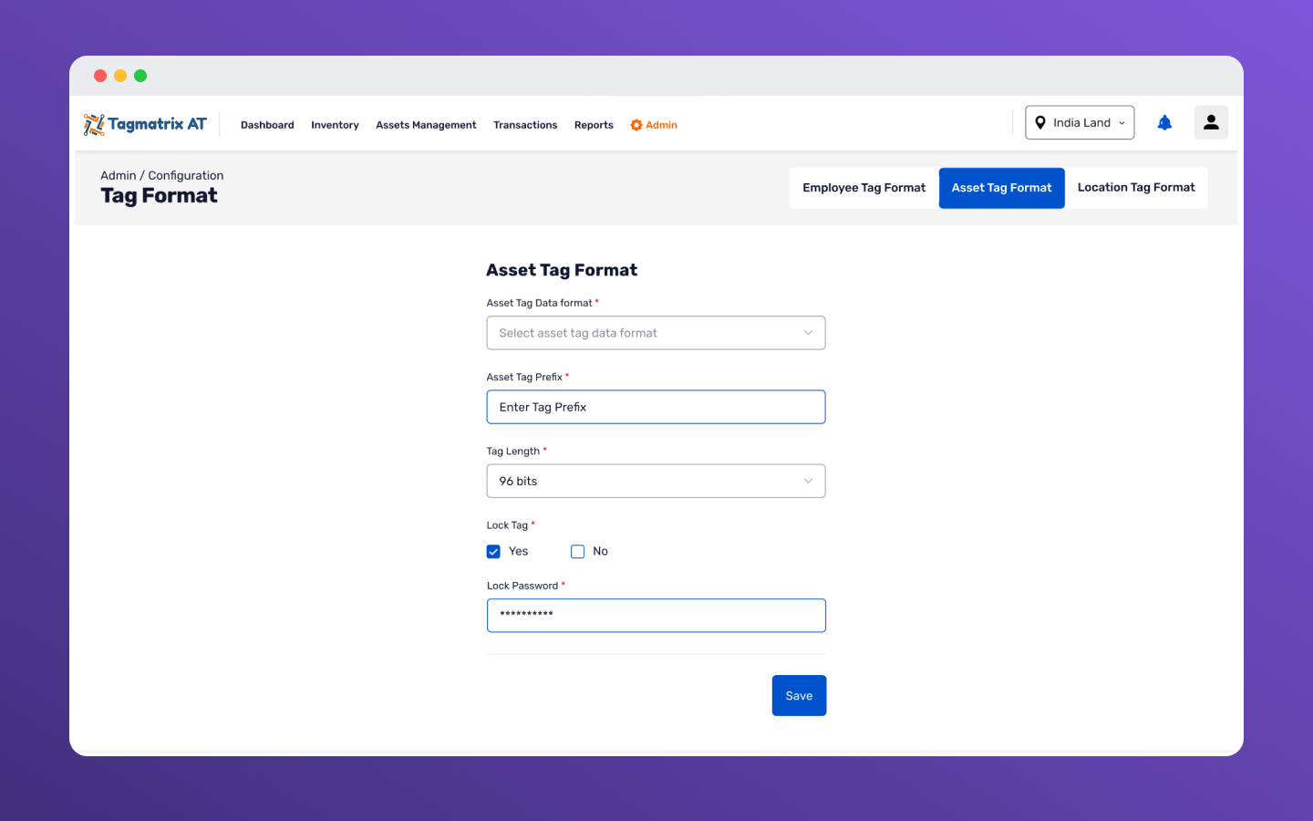 Tag Format configuration asset tag format, prefix, bit length, lock tag password