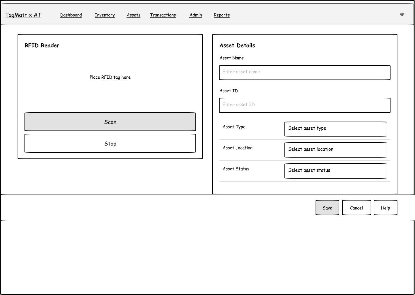Wireframe: RFID reader split-screen with asset registration form